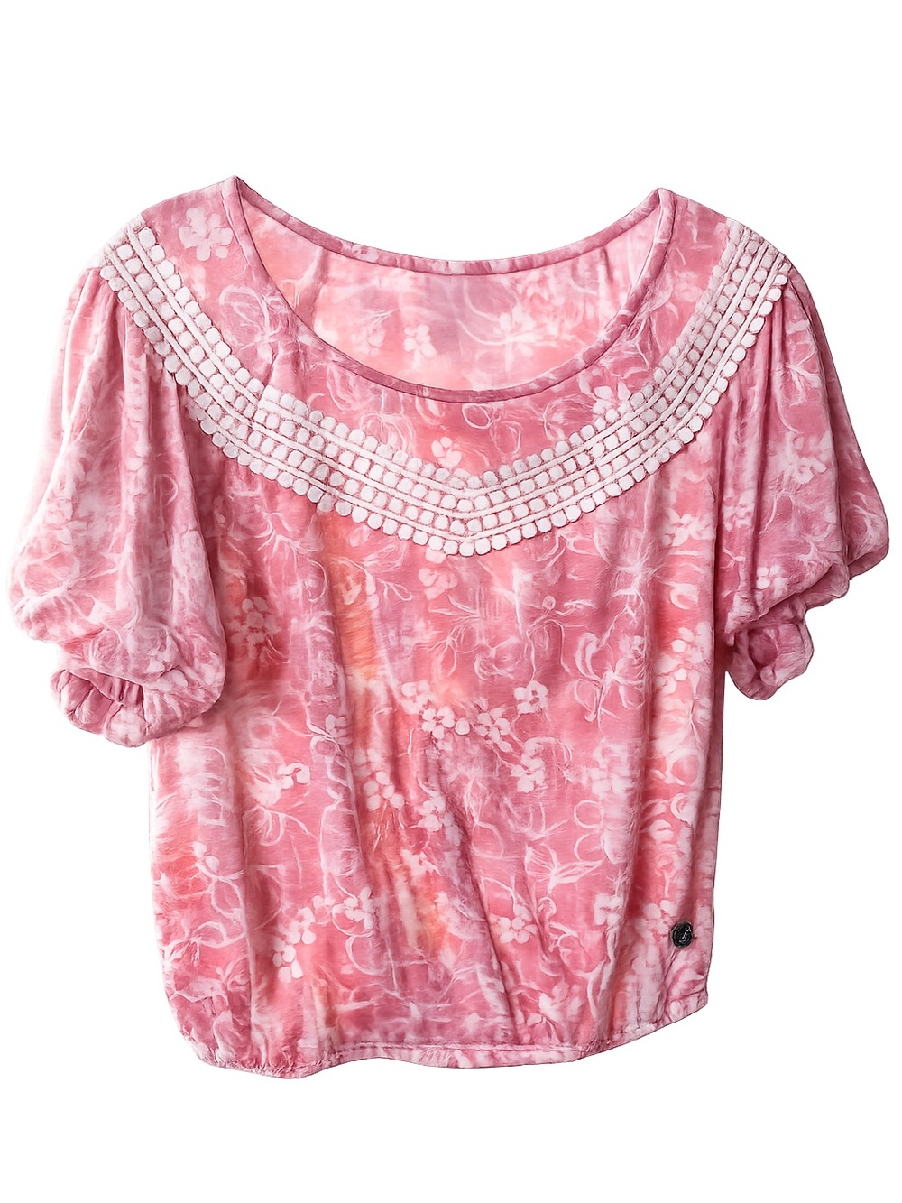 Adrienne Vittadini Pink Floral Scoop-Neck Blouse with Lace Yoke